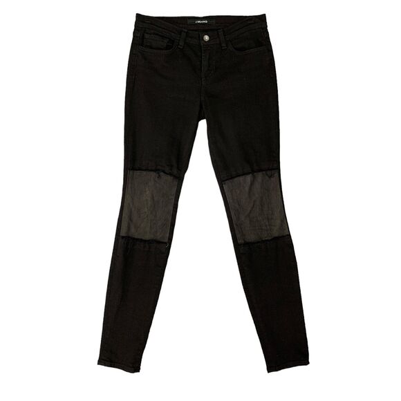 J Brand Beatnik Jean Women 26 Black Skinny Lambs Leather Panel Mid Rise Vicious - Picture 1 of 16